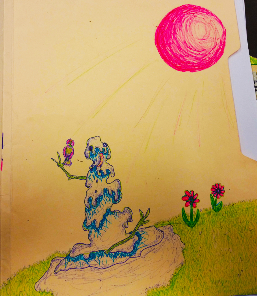 "Snowman Meets Spring" (on a file folder)