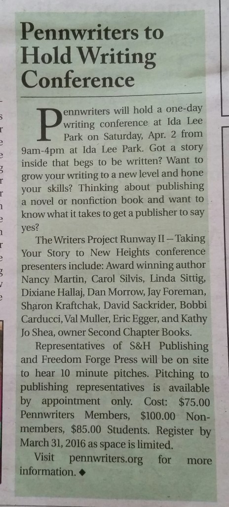 An announcement about the Pennwriters Area 7 Conference from the Purcellville Gazette. 