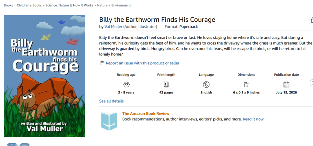 Screenshot of "Billy the Earthworm finds his Courage," available on Amazon.com.